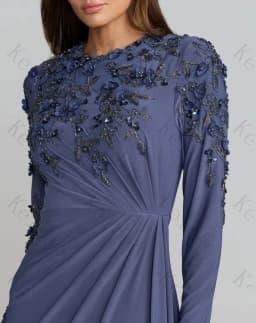 Customized Dusty Blue Jersey Evening Gown Round Neck Long Sleeve 3D Floral Beaded Ruched Dress for Mother of Bride Formal Party