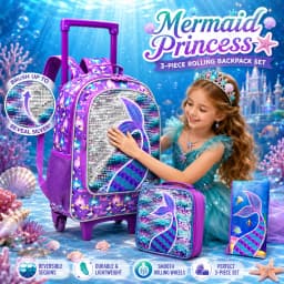 3PCS Rolling Backpack for Girls, Kids Roller Wheels Bookbag, Wheeled School Bag with Lunch Bag - Mermaid
