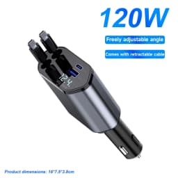 120W Fast Charging Car Charger Dual Retractable Type‑C Cables Dual USB‑A Digital Voltage Display Car Cigarette Lighter Adapter