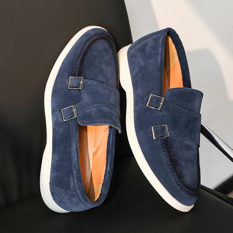 Casual Leather Men's Double Buckle Loafers Lightweight Breathable Shoes Mens Driving Soft Sole Slip-on Business Shoes Moccasins