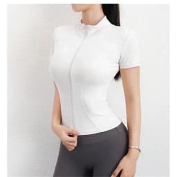Women's Summer Slimming Training Tops Stand Collar Zipper Short Sleeve Solid Sports Wear Yoga Running Gym Coats Casual Clothes