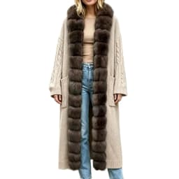 New Luxury Winter Real Natural Fox Fur Collar Woolen Blends Knit Long Overcoats Women Loose Warmth Cashmere Fur Jacket