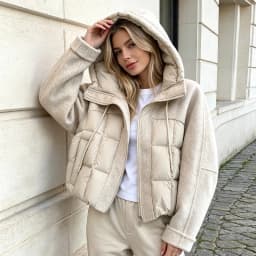 Women Mixed Fabric Spliced Puffer Jacket Hooded Drawstring Zip Up Long Sleeve Quilted Warm Cropped 2026 New Ladies Outerwear