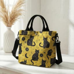 Witchy Black Cat Moon Star Print Pink Canvas Tote Bag Detachable Strap Crossbody Handbag For Women Daily Shopping