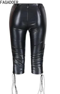 FAGADOER Spring New Sexy Leather Patchwork Bodycon Pants for Woman Solid Color Zipper Bandage Pants Female Streetwear Bottoms