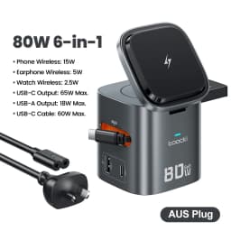 Toocki 80W 6-in-1 GaN Charging Station Type C PD 65W Retractable Fast Charger Wireless Adapter For iPhone 16 17 iWatch AirPods