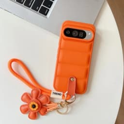 Cartoon Sunflower Down Jacket Lanyard Phone Case for Google Pixel 5 6 7 8 9 10 Pro 9A 7A 6A 5A Hand Wrist Strap Soft TPU Cover