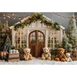 White House With Christmas Tree and Little Bear Photography Backdrop Kids Baby Cake Smash Photocall Studio Backgrounds