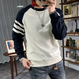 New Men's Long Sleeved Round Neck Pullover Casual Base Sweater with Vertical Stripe Splicing Contrasting Color Sweatshirt XJ170