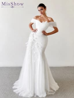 MisShow Customized Pink Off-The-Shoulder Mermaid Wedding Dress Flowers Tulle Sleeveless Wedding Party Dress Evening Dresses