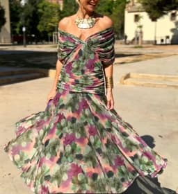 Elegant Off Shoulder Chiffon Maxi Dress Women's Solid V Neck Short Sleeve Floral Print Mesh Slim Wedding Guest Party Long Dress