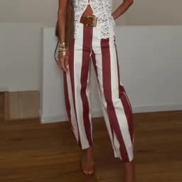 Casual Women's Red Striped Pants Button Zipper Double Pockets Straight Straight Leg Trouser 2026 Spring Summer Fashion Lady Pant