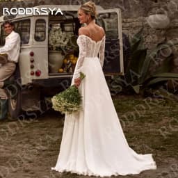 RODDRSYA Elegant Wedding Dresses Boho Woman Off Shoulder Lace Long Sleeves Split Bridal Dress Chiffon Customized Robe De Mariée