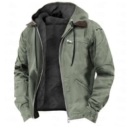 Men's Solid-Color Hooded Cotton Jacket Casual Trendy Fleece Zipper Pocket Winter Coat for Outdoor Wear