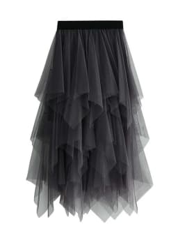 Women Sweet Midi Spring And Summer High Waist Solid Asymmetrical Elegant Chic White Mesh Tulle Skirts Faldas