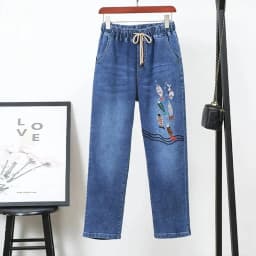 Middle-aged Women's Jeans Spring Autumn Stretch Waist Straight Denim Pants Large Size Loose High Waist Casual Black Blue Trouser