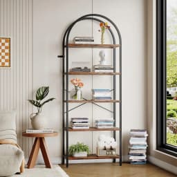 Bookshelf 5 Tier Bookcase Arched Display Racks Tall Standing Bookshelves Metal Frame Modern Storage Rack Shelf Large Wood Book S