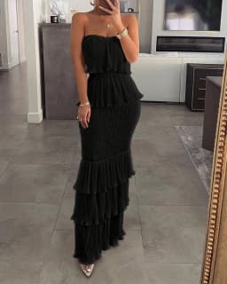 Women's Sexy Slim Fit Pleated Ruffled Edge Boho Dresses, Monochromatic, Bra Tie, Lady, Temperament