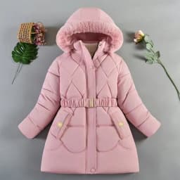 2024 New Winter Keep Warm Girls Jacket Waist Belt Design Detachable Hat Lining Plush Hooded Heavy Coat For Kids