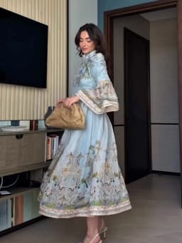 Elegant Floral Printed Women's Dress Stand Collar Full Puff Sleeve A-line Long Dresses 2026 Summer Vacation Party Lady Robes