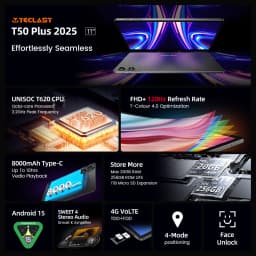 Teclast T50 Plus Tablet 11" 2K 120Hz UNISOC T620 8GB +256GB 8000mAh Battery 8MP+13MP Camera Dual SIM 4G LTE Android 15 Tablets