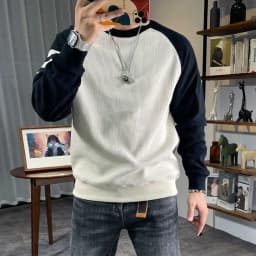 New Men's Long Sleeved Round Neck Pullover Casual Base Sweater with Vertical Stripe Splicing Contrasting Color Sweatshirt XJ170