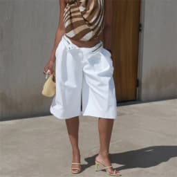 Solid Loose Fit Front Crease Knee Length Suit Culottes Office Casual Shorts Women High Waist Pleated Wide Leg Bermuda Shorts