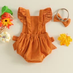 Baby Girl Halloween Bodysuits Outfit Devil Face Pattern Bows Ribbed Flying Sleeve Corduroy Romper Bow Headband 2 Pcs Set