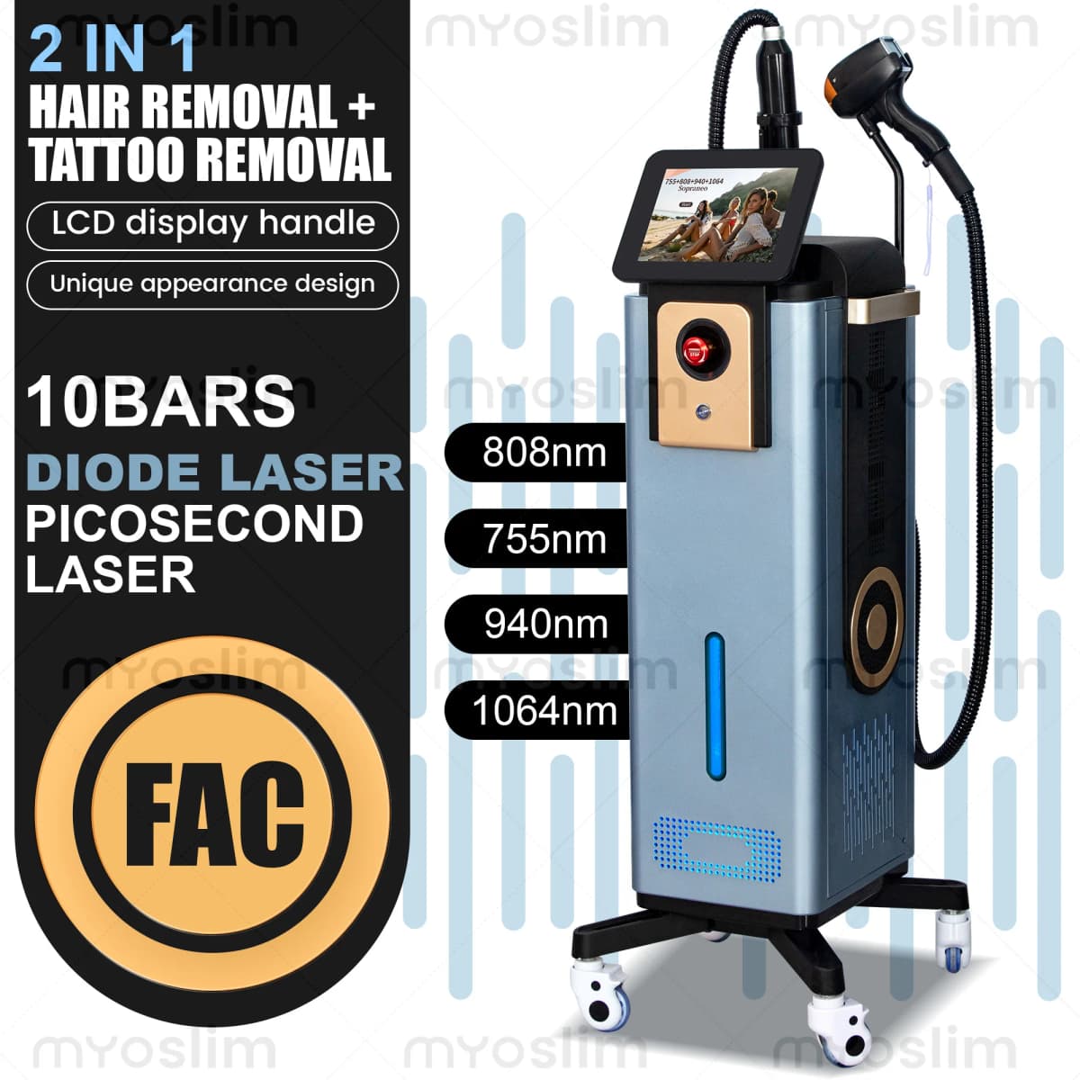 Diode Hair Removal 4 Wavelengths Pico Tattoo Removal Machine 755nm FAC Collimation Ice Cooling System Foldable Touch