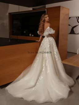 Customized Puff Sleeve Lace Wedding Dress A Line Floral Embroidery Tulle Bridal Dress For Sophisticated Bridal Ceremonies