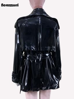 Nerazzurri Spring Autumn Oversized Thin Shiny Reflective Patent Leather Trench Coat for Women Double Breasted European Fashion