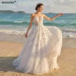 BEPEITHY Customizd Beach Sweetheart A Line Flowers Wedding Dresses For Women Sleeveless Vintage Lace Bride Plus Size Bridal Gown
