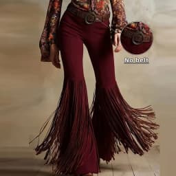 Vintage Solid Suede Splicing Tassel Pants Woman 2026 Spring High Waist Slim Flared Trousers New Autumn Casual Straight-leg Pants