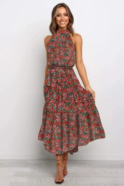 Women's Halter Neck Maxi Dress - Floral Print Boho Chic Smocked Waist Summer Beach Dress for Vacation Casual Wear