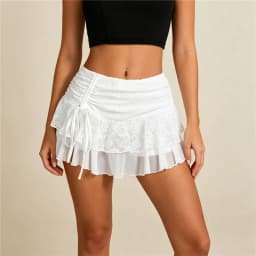 Women Floral Lace Ruffle Mini Skirt Side Drawstring Ruched High Waist Tiered Mesh Skirt Solid Color Y2K Casual Streetwear