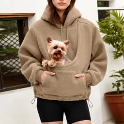 Women Fall And Winter Casual Fleece Solid Color Pet Pocket Hooded Sweatshirt Funny Adjustable Hem Pullover Hooded Women Pullover