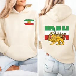 Lion and Sun Iran Sweatshirt Persian Flag Graphic Shirt Shir-o-Khorshid Emblem Iranian Heritage Shirt Patriotic Gifts Front Back