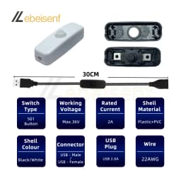 5V 2A USB Inline On Off Button Switch Cable Male to Female USB Cord for LED Strip Desk Lamp USB Powered Small Electronic Devices