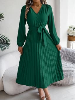 Spring Autumn Elegant Buttons V Neck Lantern Long Sleeve Lace Up Pleated Dress Khaki Blue Red Green Black Women Dresses