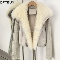 OFTBUY 90 White Duck Down Jacket Knit Sleeve Zipper Pockets Drawstring Short Coat Women Winter Real Curly Lamb Wool Fur Collar