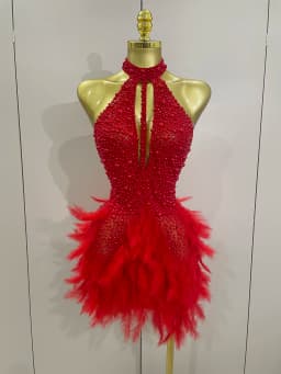 Luxury Glitter Feather Pearls Halter Backless Short White Party Dress Women Celebrate Birthday Outfit Performance Dance Costume