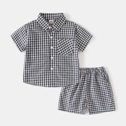 2PCS Summer Kids Boys Plaid Set Turn Down Collar Boys Polo Style Short Sleeve T-shirt + Shorts Children Polo Tee Outfit