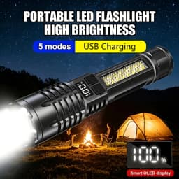 High Power LED Flashlight Portable Zoom Torch Type-C Rechargeable Waterproof Light with COB Side Lamp for Outdoor Camping Hiking