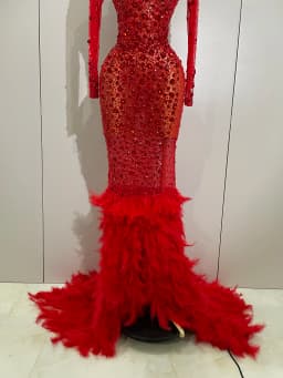 New Sexy Sparkling Red Crystals Feathers Long Sleeve Mermaid Maxi Dress Women Wedding Celebrate Luxury Birthday Party Prom Gown