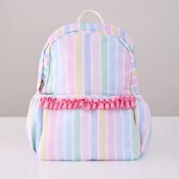 Rainbow Striped Backpack Light Colored Schoolbag With Adjustable Shoulder Straps And Pink Pleated Lace Design Fashion