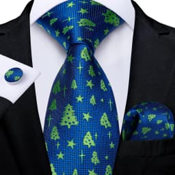 Blue Green Christmas Men tie Set with Handkerchief Cufflinks Wedding Prom Groom Accessories Perfect Gift for Men