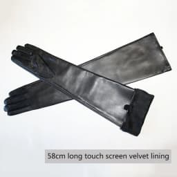 Touch Screen Extra Long Leather Sheepskin Gloves Women's Black Fashion Simple Straight Style Velvet Lining Winter Warm Sleeve