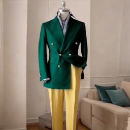 Timeless Men's Navy Blue Double Breasted Suit Summer Breathable Casual 2Piece Set Jacket+Yellow Linen Pants Wedding Groom Attir