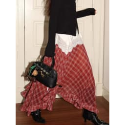 Spring Summer Vintage Two-Tone Plaid Midi Asymmetrical Hem A- Line Skirt Large Flounce Midi Length Silk Half Body Skirt