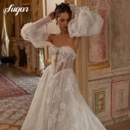 A-Line Wedding Dresses Off Shoulder Sweetheart Puff Sleeve Applique Bridal Dress Backless Wedding Princess Prom Gowns Customized
